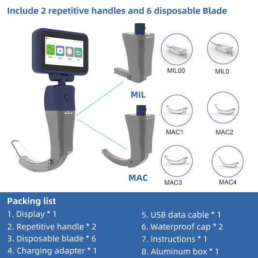Disposable Video Laryngoscope for Intubation, 3.5 inch Display with 2 Reusable Handles and 6 Disposable Blades